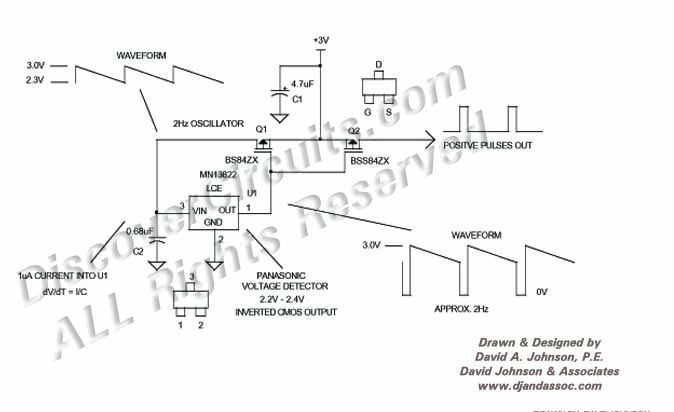 Circuit Very Low Power 2Hz Oscillator designed by Dave Johnson, P.E. (June 17, 2000)