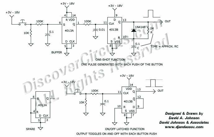 Circuit CD4013 One-Shot and Latch Circuits designed by David A. Johnson, P.E. (March 26, 2002)