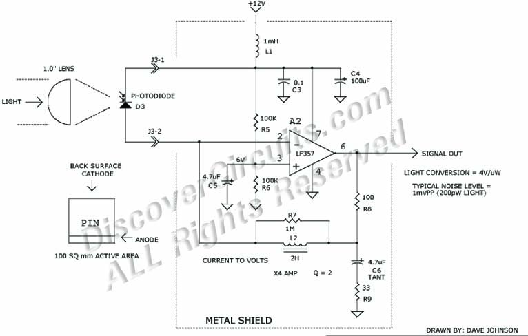 Circuit 40KHz Modulated Light Receiver designed by David A. Johnson, P.E. (March 12, 1999)