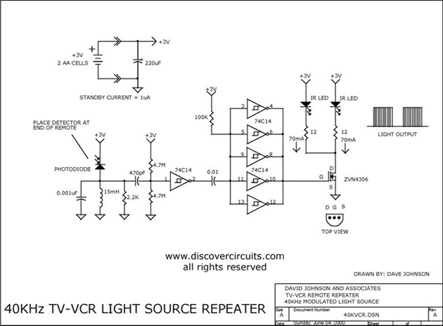 Circuit 40KHz TV-VCR Light Source Repeater designed by David A. Johnson, P.E. (June 4, 2000)