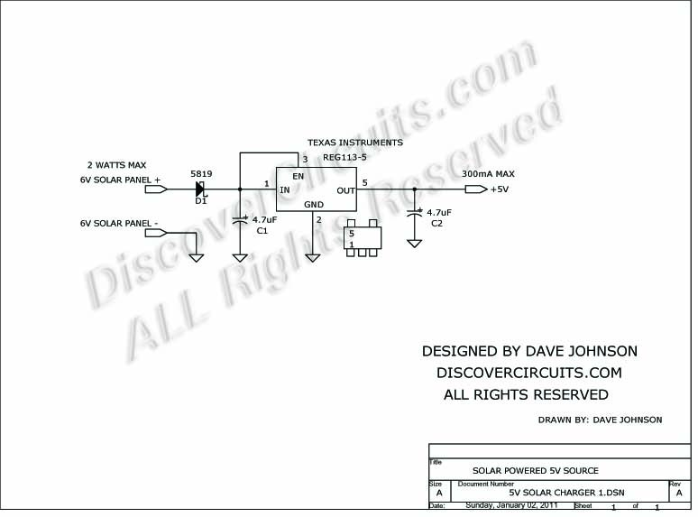 5 volt solar panel circuit , Circuit designed by David A. Johnson, P.E. (January 2, 2011)
