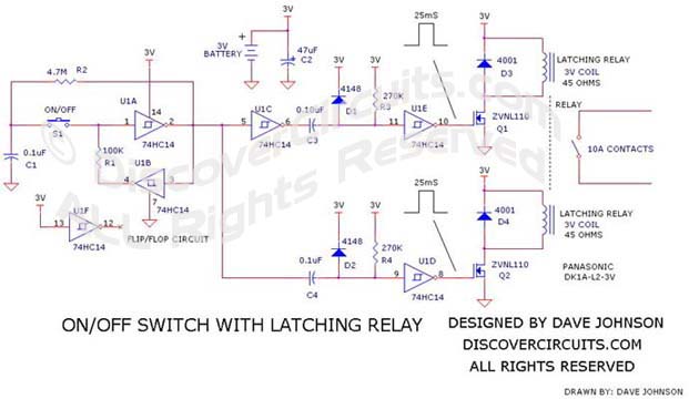 On/Off Switch with Latching Relay designed by Dave Johnson, P.E.