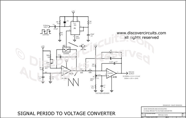 Circuit Signal Period to Voltage Converter designed by Dave Johnson