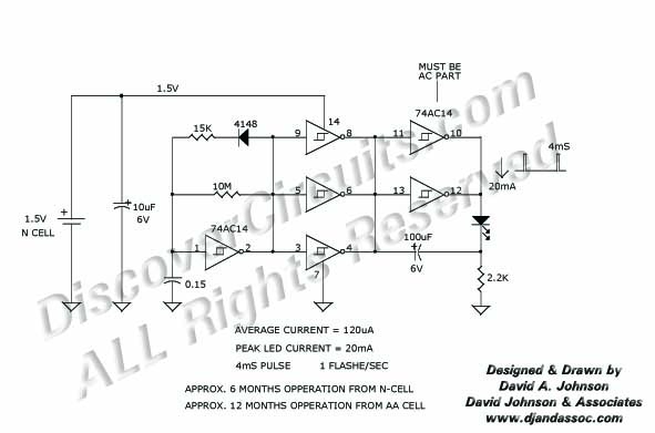 Circuit 1.5 LED Flasher Circuit, version A designed by Dave Johnson, P.E. (June 4, 2000)
