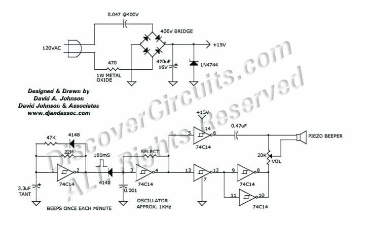 Circuit power reminder beeper designed by Dave Johnson, P.E. (June 3, 2000)