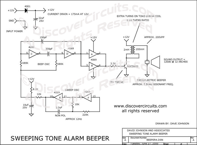 Circuit Sweeping Tone Alarm Beeper designed by David A. Johnson, P.E. (June 27, 2000)