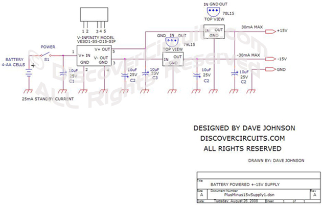 schematic Battery Powered Plus-Minus 15v Supply