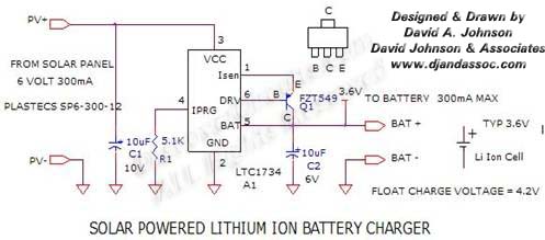 Circuit Solar Powered Lithium Ion Battery Charger designed
by David Johnson, May 15, 2007