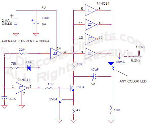Circuit Universal 3v LED Flasher designed by David Johnson, P.E.